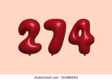 274 globo 3d número hecho de representación 3d de globo metálico realista. Globos 3D de helio rojo para la venta decoración Fiesta Cumpleaños, Celebración de Aniversario, Fiesta de la Boda. Ilustración del vector