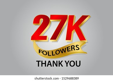 27K, 27.000 Followers anniversary, minimalist logo years, jubilee, greeting card. invitation. Sign Ribbon Gold space Red and Gold number vector illustration on black background - Vector