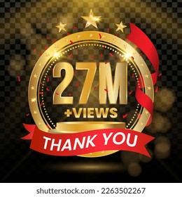 27M+ Views Logotype with Gold and red Confetti Isolated on Black Background(PNG), Vector design for video display celebration.