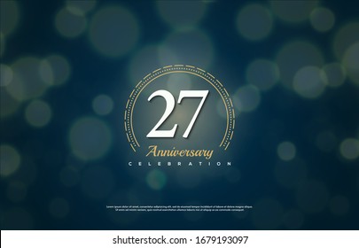 27th anniversary background with an illustration of white gold writing figures below there is a blur circle on the back.