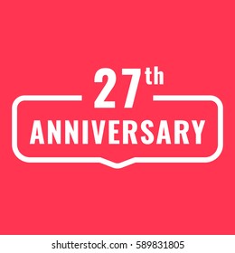 27th anniversary. Badge icon, logo. Flat vector illustration on red background. Can be used for birthday, wedding or company event.
