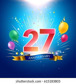 27th Anniversary with balloon, confetti, and blue background.