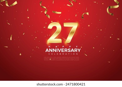 27th Anniversary celebration, 27 Anniversary celebration On Red background for celebration event, festive illustration, Golden number 27 sparkling confetti, 27,28
