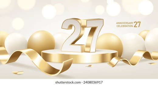 27th Anniversary celebration background. Golden 3D numbers on round podium with golden ribbons and balloons with bokeh lights in background.