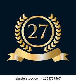 27th Anniversary Celebration Gold and Black Template. Luxury Style Gold Heraldic Crest Logo Element Vintage Laurel Vector