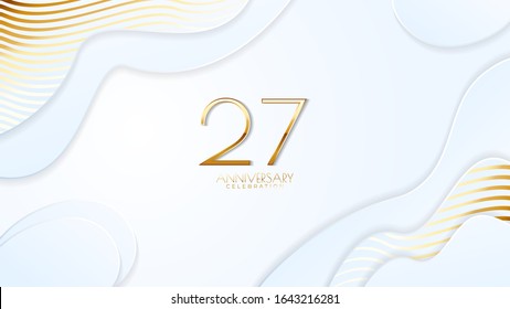 27th anniversary celebration. Golden number with realistic fluid white background. Realistic 3D sign modern elegant can be used for a company or wedding. editable design vector EPS 10.