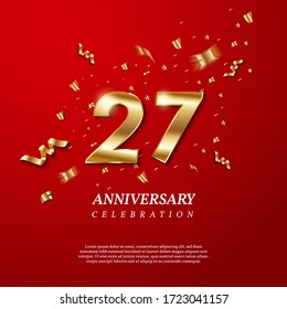 27th Anniversary celebration. Golden number 27 with sparkling confetti, stars, glitters and streamer ribbons on red background. Vector festive illustration. Birthday or wedding party event decoration