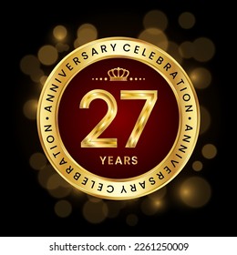 27th Anniversary Celebration. logo design with golden number and ring for birthday celebration event, invitation, greeting card, banner, poster, flyer, brochure, book cover. Logo Vector Template