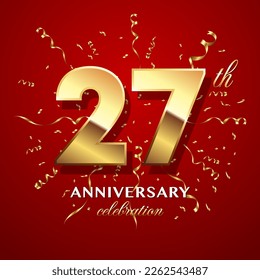 27th Anniversary Celebration. logo design with golden numbers and text for birthday celebration event, invitation, wedding, greeting card, banner, poster, flyer, brochure. Logo Vector Template