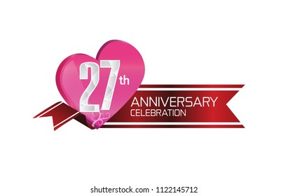 27th anniversary celebration with pink heart and red ribbon isolated on white background