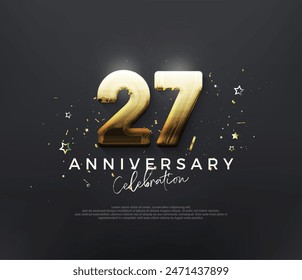 Celebración del 27º aniversario, con números de oro brillante sobre un fondo negro. Fondo del Vector de Premium para el saludo y la celebración.