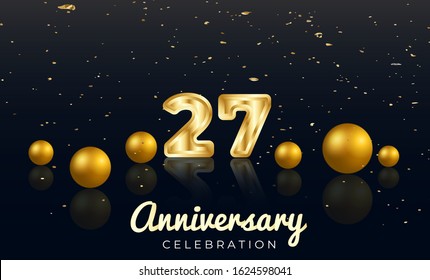 27th Anniversary celebration Vector background by using two colors in the design between gold and red, Golden number 27 with Realistic 3d sign & gold Sphere for Birthday or wedding party 