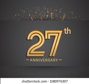 27th anniversary design for company celebration event with golden multiple line and confetti isolated on dark background 