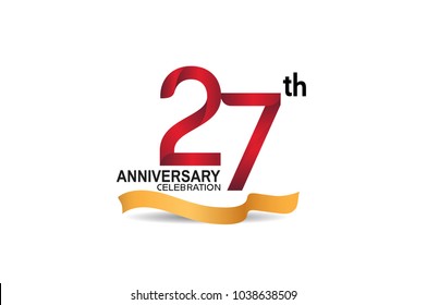 27th anniversary design logotype red color and golden ribbon for celebration isolated on white background