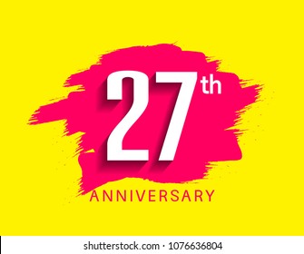 27th anniversary flat design pink brush on yellow background for celebration event 