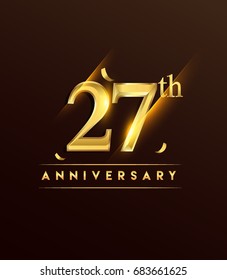27th anniversary glowing logotype with confetti golden colored isolated on dark background, vector design for greeting card and invitation card.