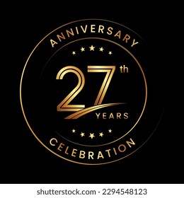 27th Anniversary. Anniversary logo design with gold color ring and text for anniversary celebration events. Logo Vector Template