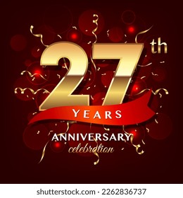 27th Anniversary logo design with golden numbers and red ribbon for anniversary celebration event, invitation, wedding, greeting card, banner, poster, flyer, brochure, book cover. Logo Vector Template