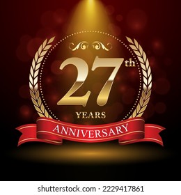 27° Aniversario. Diseño del logo del aniversario con corona Laurel y cinta roja para la celebración del evento, boda, invitación, tarjeta de saludo. Ilustración del vector