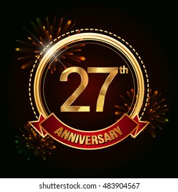 27th anniversary logo golden colored using ring, red ribbon, and fireworks background