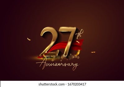 27th anniversary logo with red ribbon and golden confetti isolated on elegant background, sparkle, vector design for greeting card and invitation card.