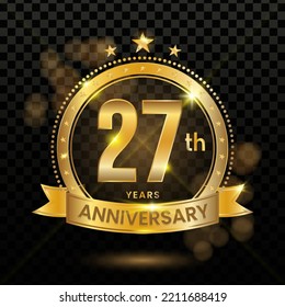 27th Anniversary Logotype with Gold Confetti Isolated on Black Background, Vector Design for Greeting Card and Invitation Card