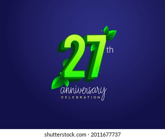 27th anniversary logotype with leaf and green colored, isolated on blue background.