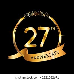 27° Aniversario. Diseño perfecto de plantilla para el evento de celebración del aniversario con cinta y anillo de color dorado, ilustración vectorial