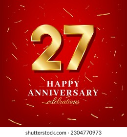 27th anniversary vector template with a golden number and golden confetti spread on a red background