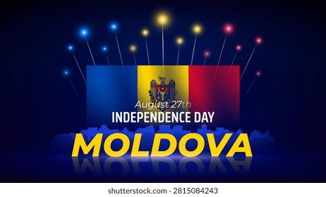 27th of august, moldova independence day. Fireworks, moldovan flag. Colorful flag and cityscape against a dark night sky. Moldovan national holiday on August 27. Vector illustration
