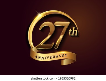 27th golden anniversary logo with gold ring and golden ribbon, vector design for birthday celebration, invitation card.