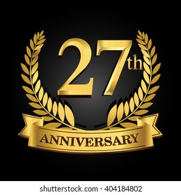 27th golden anniversary logo with ring and ribbon, laurel wreath vector design isolated on black background