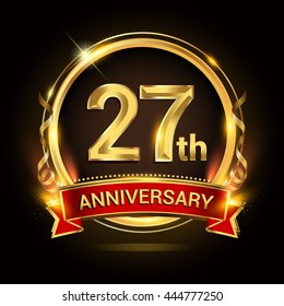 27th golden anniversary logo with ring and red ribbon, vector design.