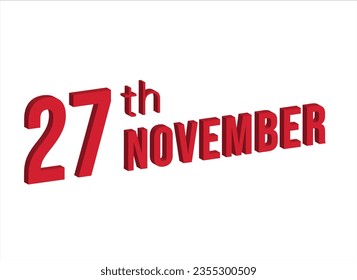 27 de Noviembre , símbolo de calendario diario y fecha. Diseño moderno, renderización 3d. Fondo blanco.