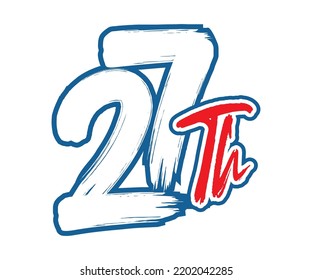 27th Ordinal Number counting vector art illustration with stunning font on red trim blue on white background