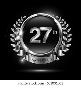 27th silver anniversary celebration logo with ring and ribbon, laurel wreath design