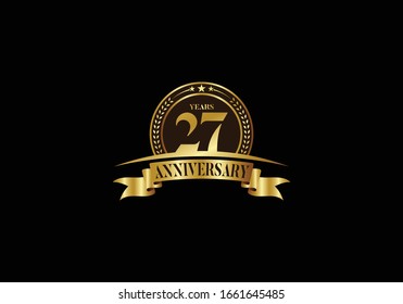 27th years anniversary logo template, vector design birthday celebration, Golden anniversary emblem with ribbon. Design for a booklet, leaflet, magazine, brochure, poster, web, invitation or greeting