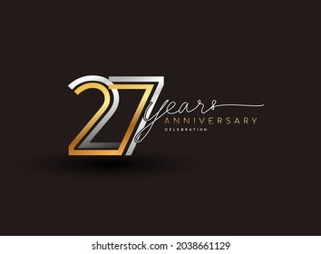 Blootipo de aniversario 27 años con múltiples líneas de color plateado y dorado aislado en fondo negro para la celebración del evento.