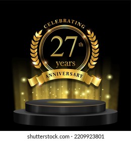 27th years golden anniversary logo celebration with ring ribbon and 3d podium. isolated on black background