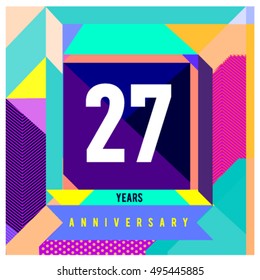 27th years greeting card anniversary with colorful number and frame. logo and icon with Memphis style cover and design template