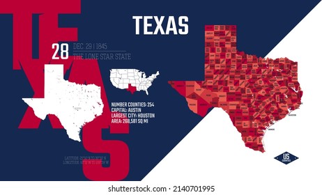 28 of 50 states of the United States, divided into counties with territory nicknames, Detailed vector Texas Map with name and date admitted to the Union, travel poster and postcard