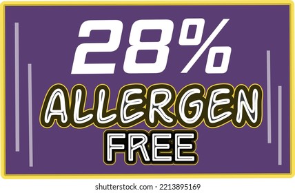 28% Allergen percentage Free rectangular sign label vector art illustration with fantastic looking font and purple color