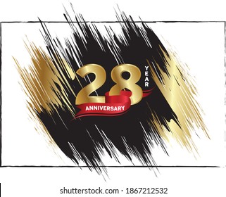28 Anniversary celebration, Luxury anniversary template over gold and black brush, Golden number with red ribbon isolation background, Party event decoration, Vector.