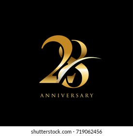 28 anniversary elegance gold logo. linked number with swoosh on black background