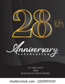 28 Anniversary Invitation and Greeting Card Design, Golden and Silver Coloured, Elegant Design, Isolated on Black Background. Vector illustration.