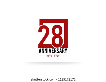28 Anniversary logotype, simple red colored font number inside square isolated on white background