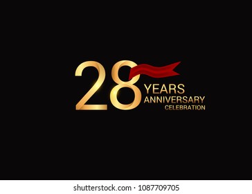 28 anniversary vector design golden colored with red ribbon isolated on black background