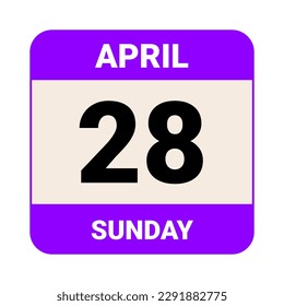28 April, Sunday. Date template. Useful design for calendar or event promotion. Vector illustration EPS 10 File. Isolated on white background. 