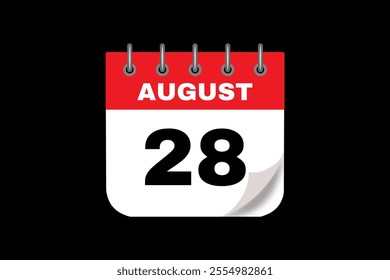 28 August calendar icon text page monthly web design on red, white and black background vector, icon, or illustration with the month of August 28