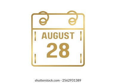 28 August calendar icon text page monthly web design on golden and white background vector, icon, or illustration with the month of August 28